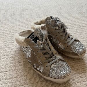 Golden Goose Super Star Sabot Silver Glitter Slide Shearling Lining size 38